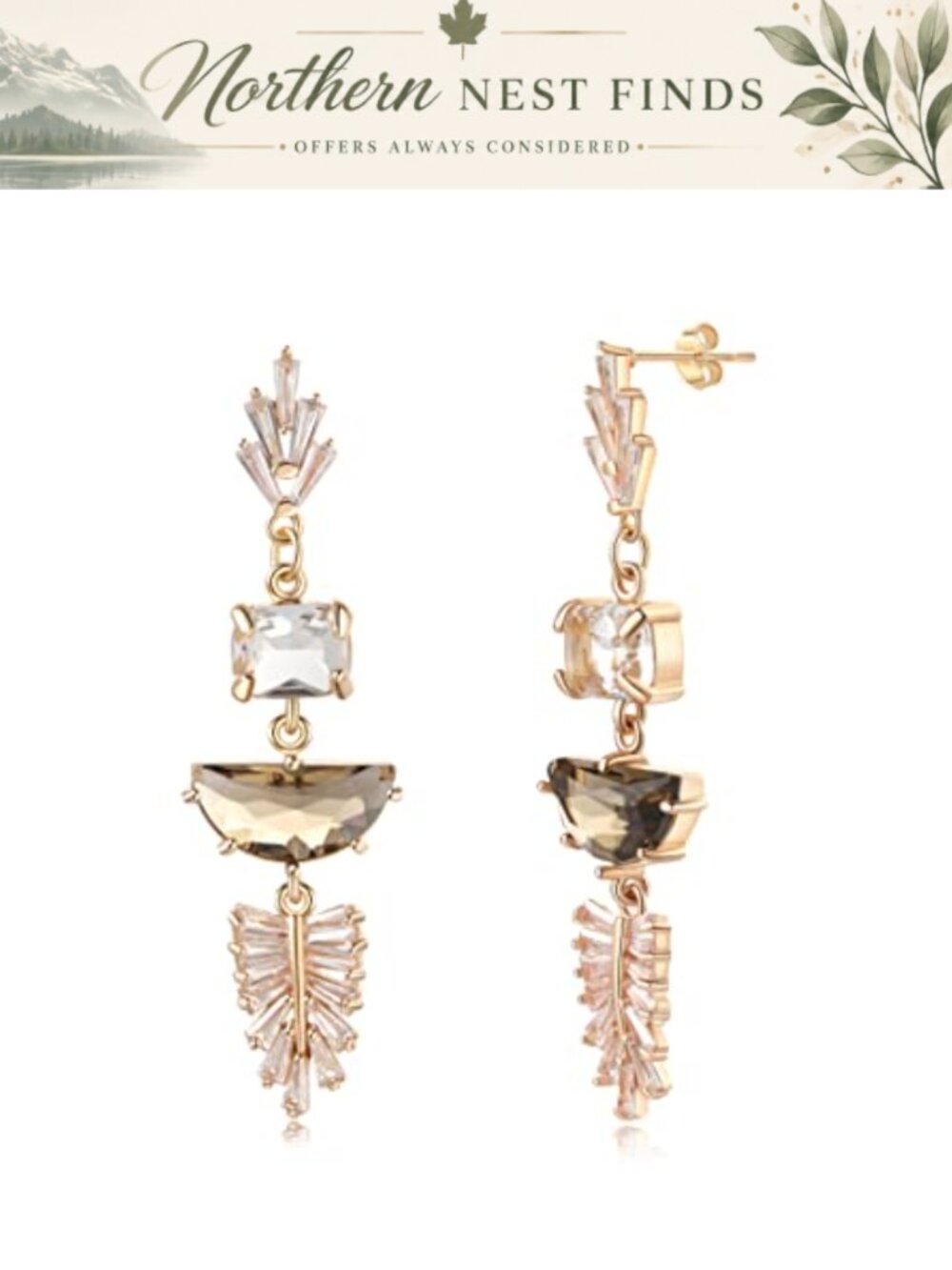 Art Deco Cubic Zirconia Drop Earrings 14K Gold Over Sterling Silver